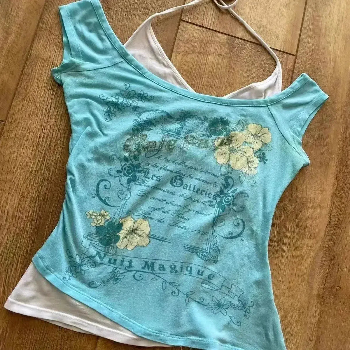 Y2K Vintage Fairycore Top – Off-Shoulder Layered Tee