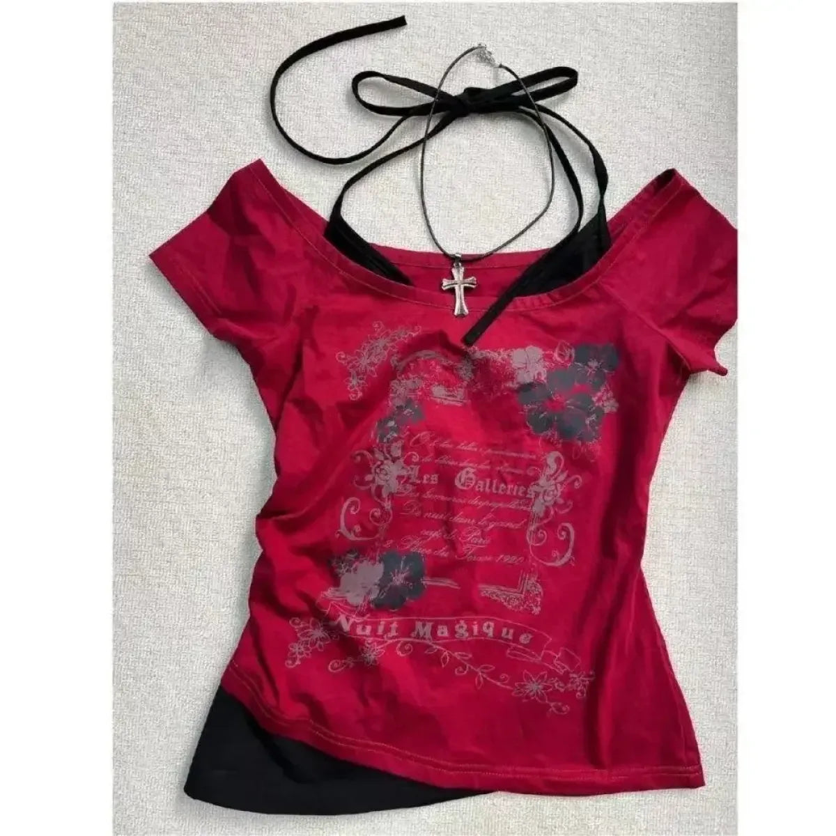 Y2K Vintage Fairycore Top – Off-Shoulder Layered Tee